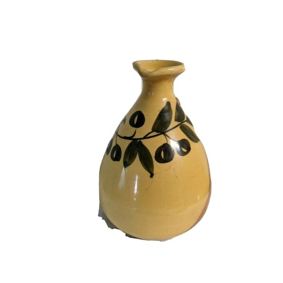 Hand-Painted Ceramic Olive Oil Decanter Pitcher Rust & Yellow With Olive Design - Picture 5 of 8